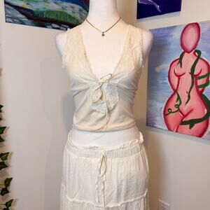 Cream lace tie front tank top